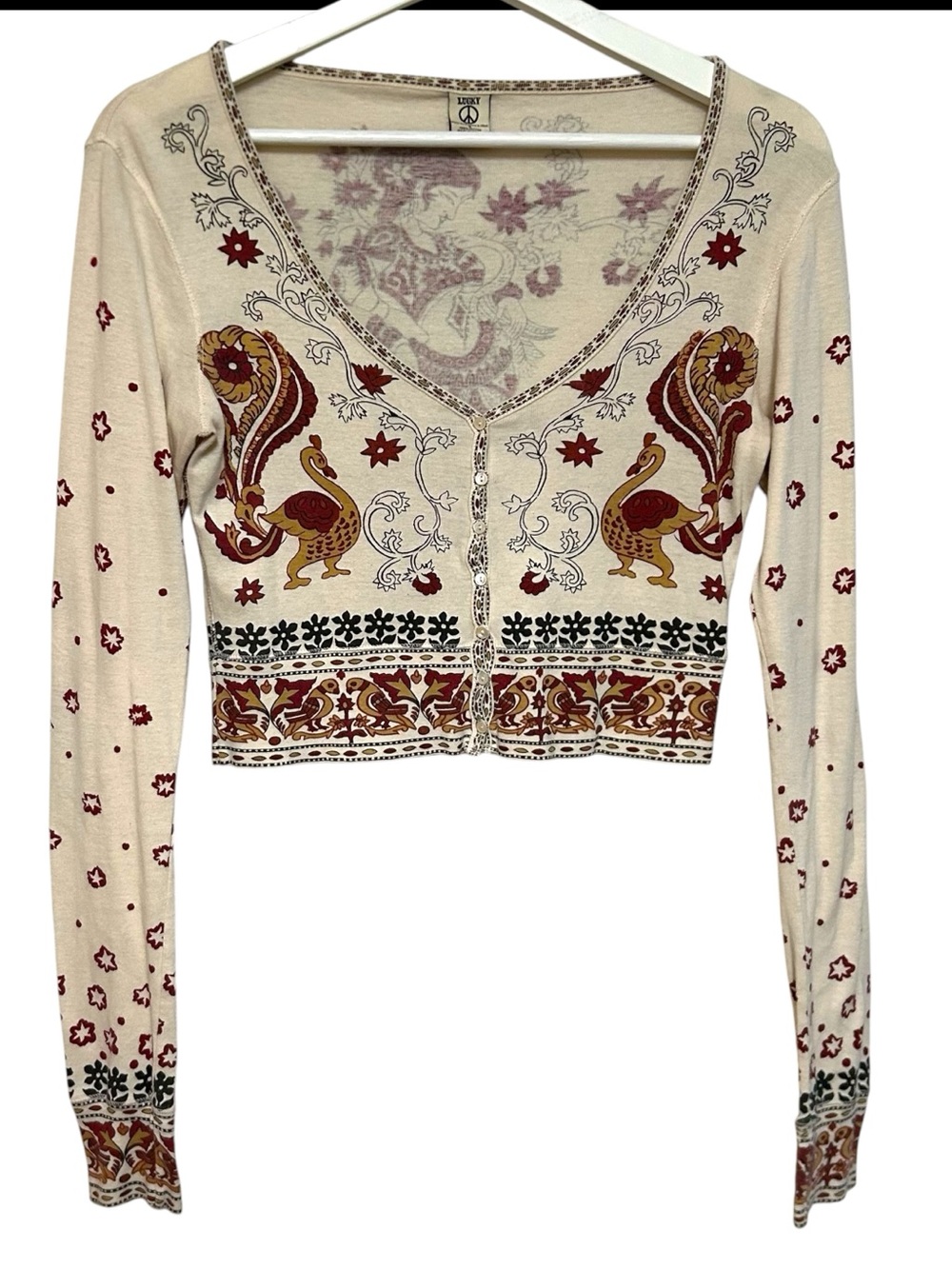 Y2K lucky brand S-M long sleeve shrug cardigan mehndi print design‎ boho vintage